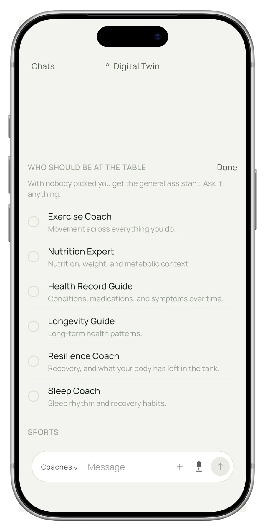 Choosing coaches for the round table in the One L1fe app, shown on a phone