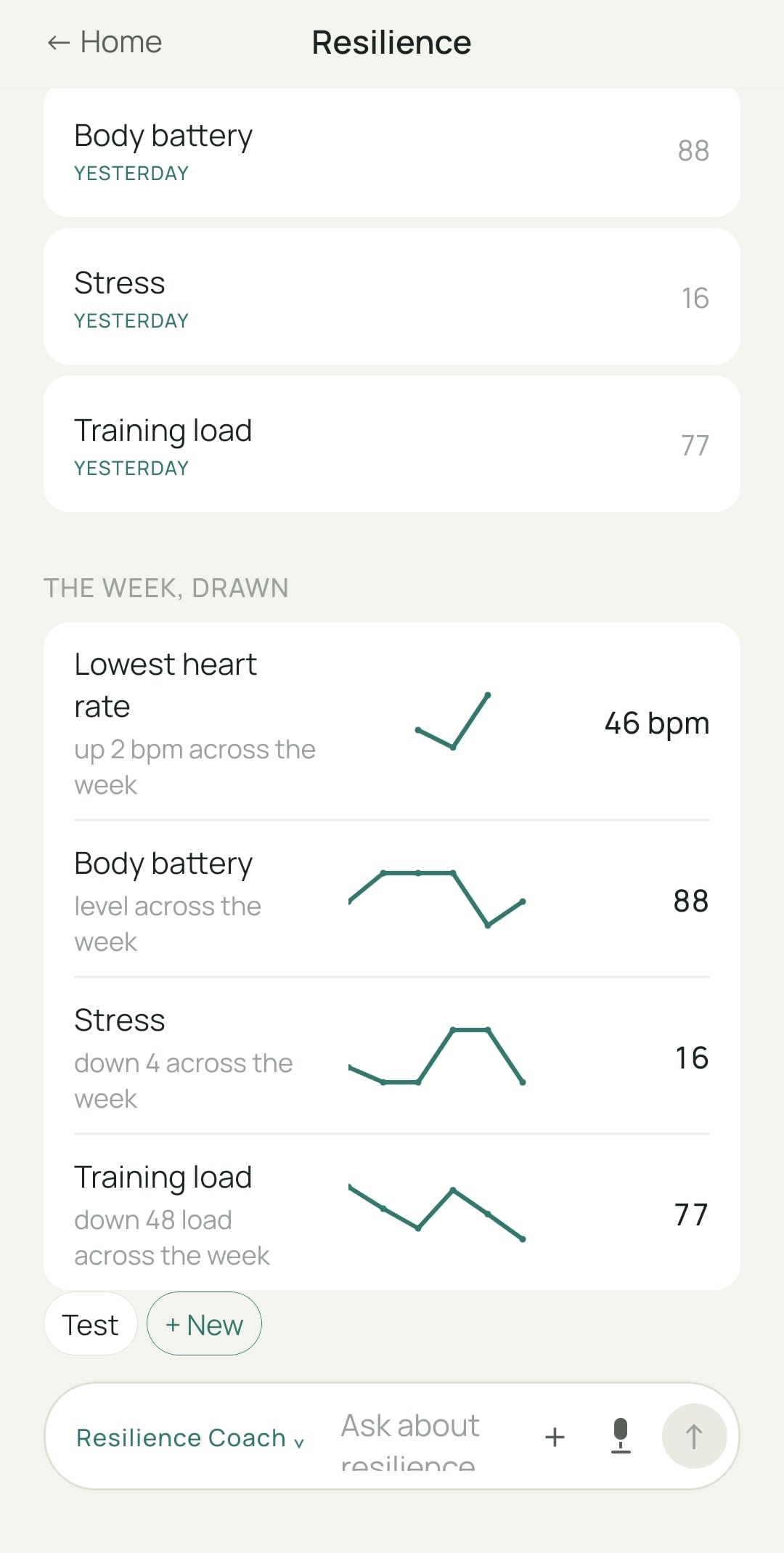 The Resilience screen in the One L1fe app: body battery, stress and training load across the week